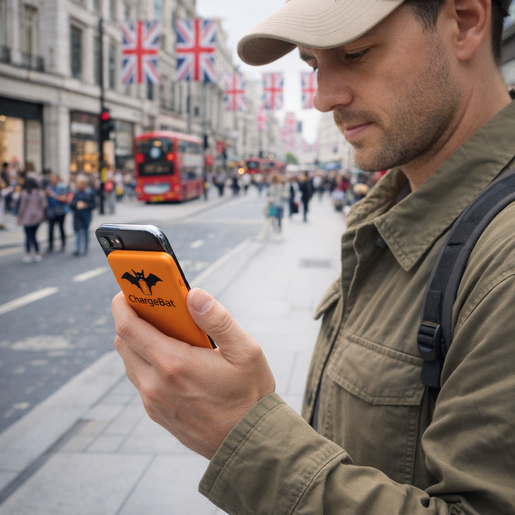 Create an image of a tourist in London oxford stre