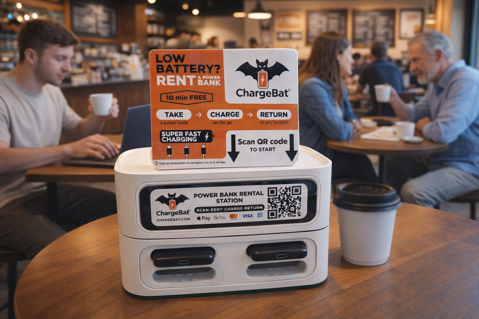 Place this power bank rental station in a coffe sh